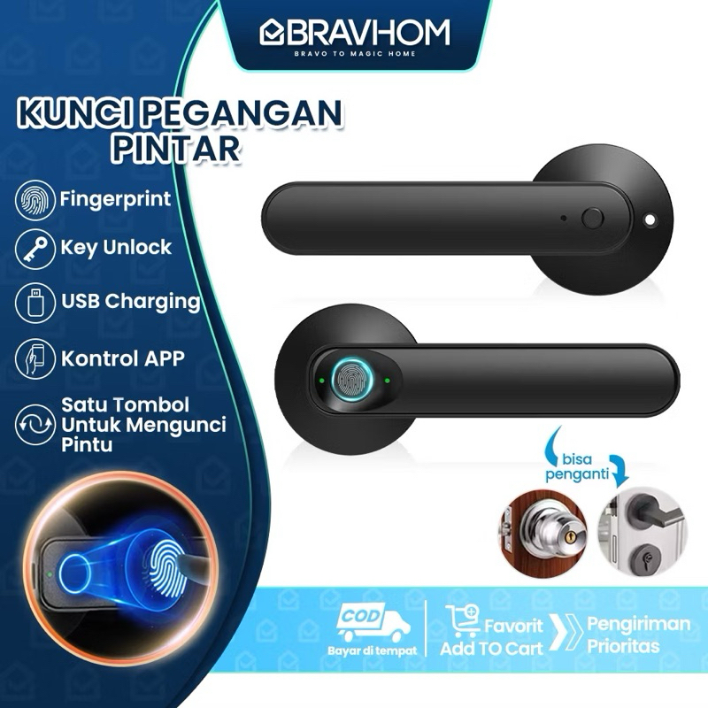 

BRAVHOM kunci pintu sidik jari Handle membuka degan App Kontrol Kunci Pintu Rumah Elektronik Fingerprint Security USB charge kunci pintu digital