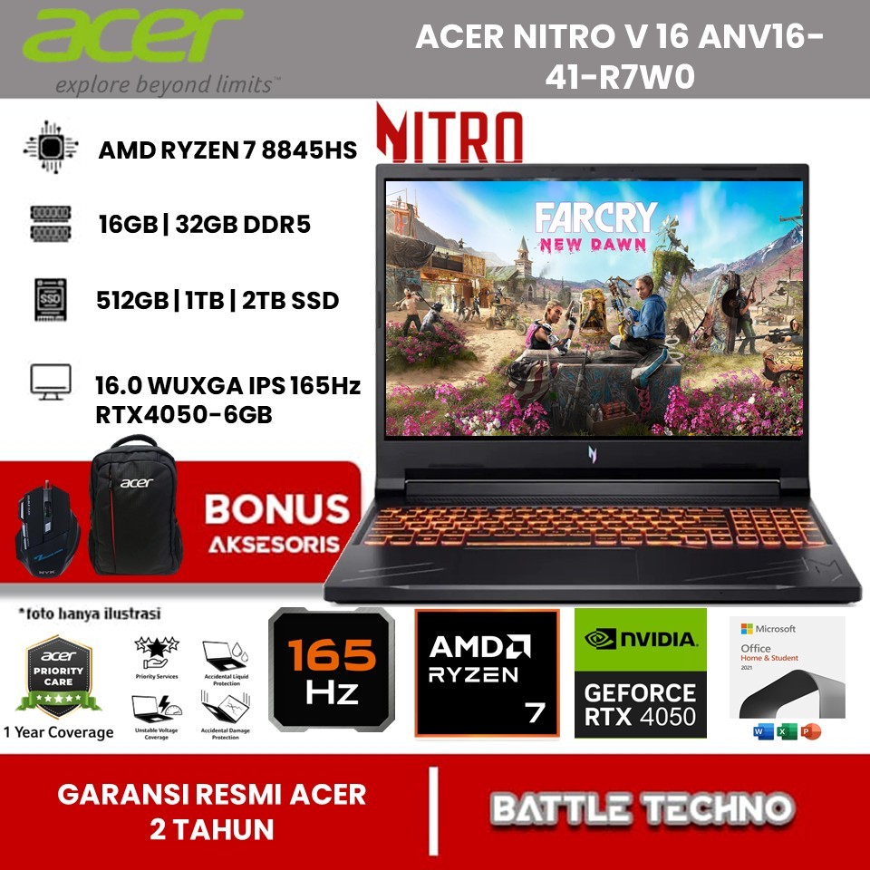 Laptop Gaming Acer Nitro 16 AMD Ryzen 7 8845HS Ram 32GB SSD 2TB RTX4050-6GB 16 WUXGA IPS WIN11 OHS