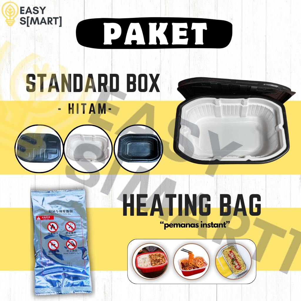 PAKET Standard Box Hitam & Self Heating Bag/ Kotak Makan Thermal + Flameless Heater Untuk Traveling/
