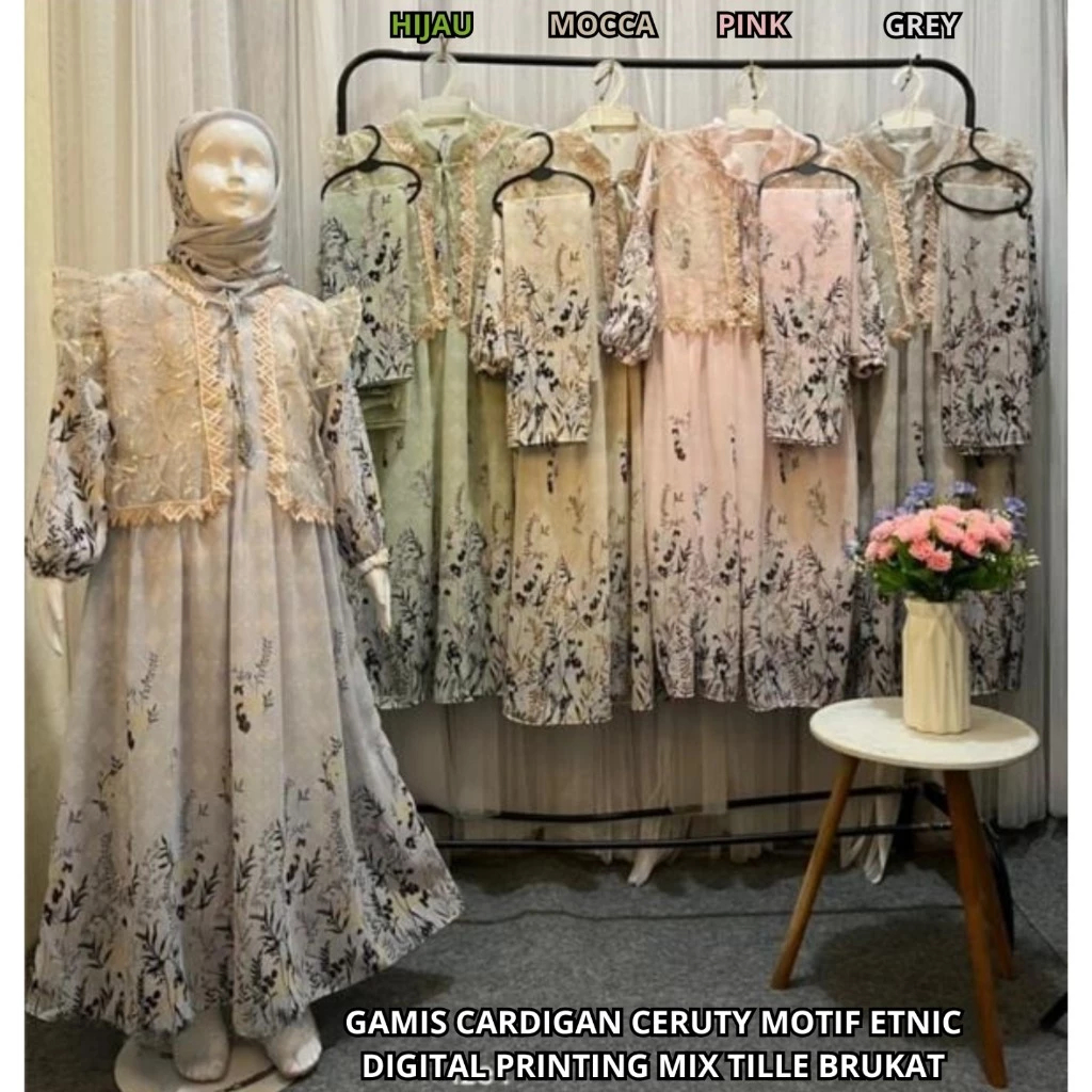 Gamis Ceruty Babydoll Mix Cardigan Tile Brukat Anak Perempuan Usia 3-12 Tahun | Gamis Terbaru 2025 M