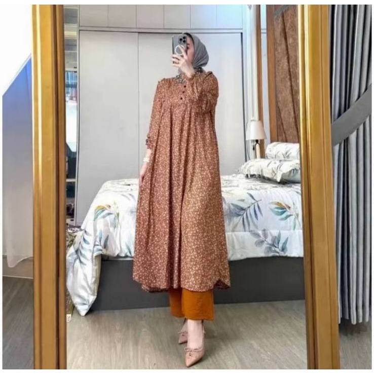 Setelan Tunik Panjang Namira Rayon Premium Crincle Airflow Bunga Terbaru Oneset Tunik Panjang Rayon