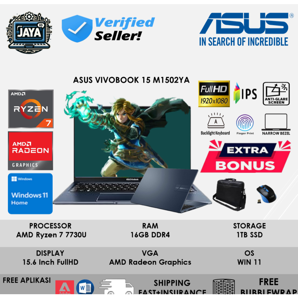 LAPTOP SEKOLAH ASUS VIVOBOOK 15 M1502YA RYZEN 7 7730U RAM 16GB 1TB Ssd FHD IPS BL WIN11HOME