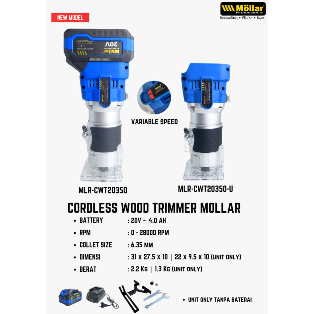 MOLLAR CWT20350U New Gen 3 Mesin Router Kayu Trimmer Cordless Profil Baterai 20V