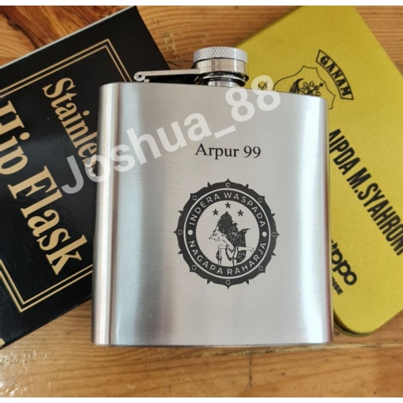 Hip Flask Botol Minum Gepeng Wine /Kopi Custom Ukir Logo Indera Waspada Bisa Request Gambar Nama Sen