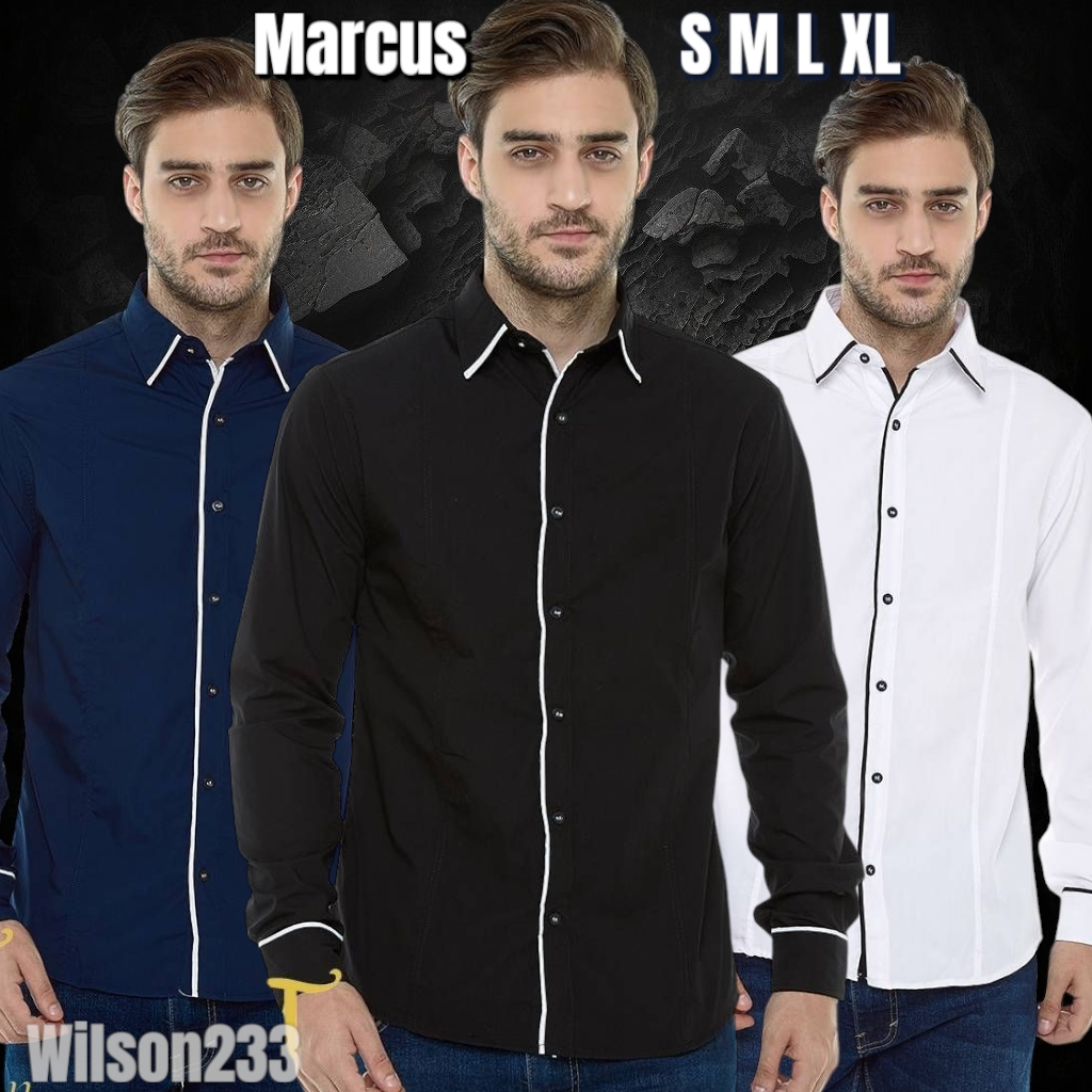 Wilson233 Kemeja Pria Polos Lengan Panjang MARCUS PREMIUM Markus Hem Pjg Long Shirt Cowok Laki Hitam