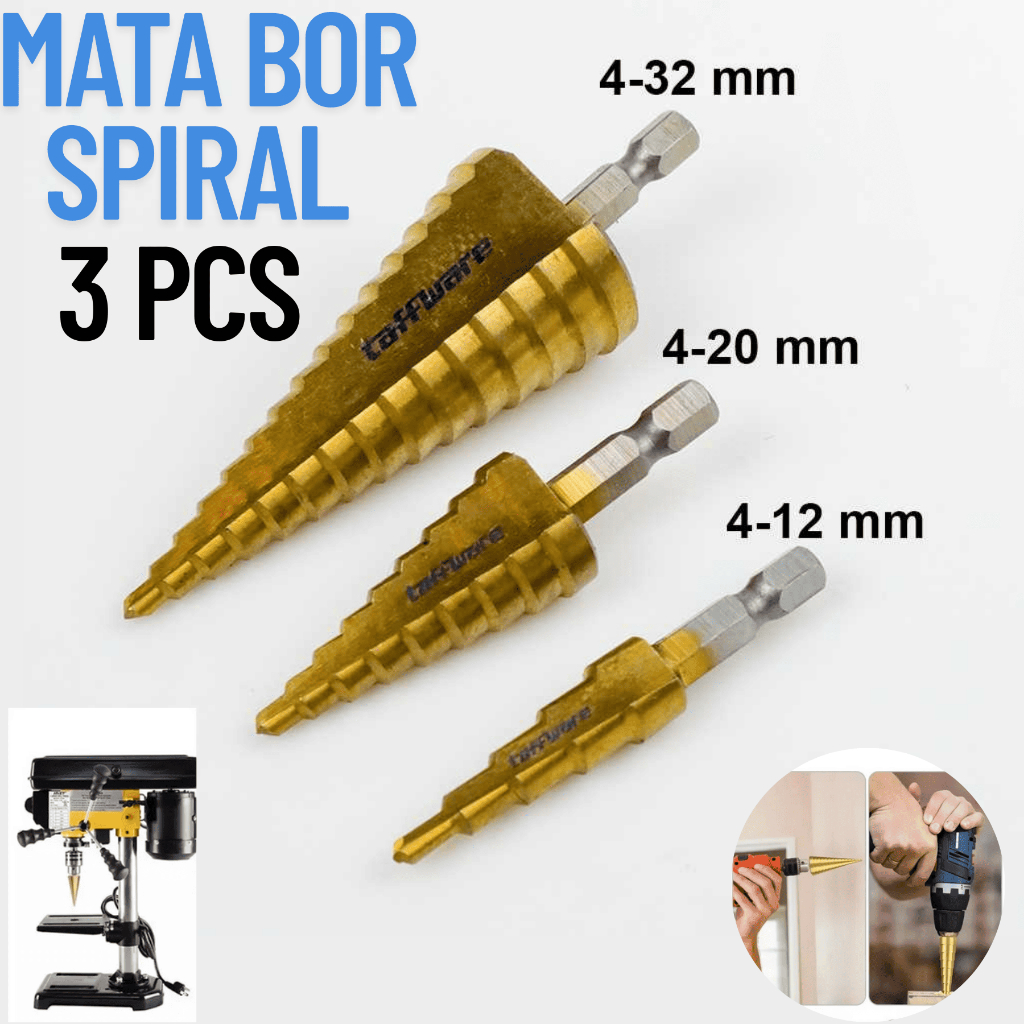 READY Taffware 3 PCS Mata Bor Pagoda Spiral Kerucut Titanium Coated / Mata Bor Pagoda besi aluminium