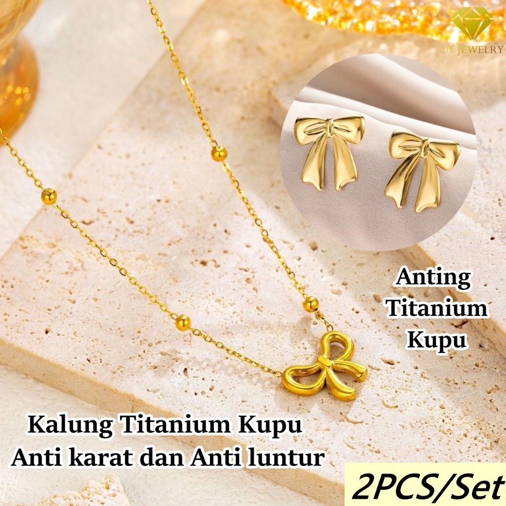 DF Set Anting Dan Kalung Pita Kupu-Kupu Kalung Baja Titanium Anting Baja Titanium Anti Karat Dan Ant