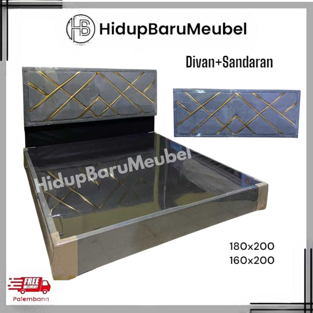 Divan Sandaran Bludru List Emas Gold / dipan Sandaran Springbed Kasur Matras / Ranjang Kayu Kombinas