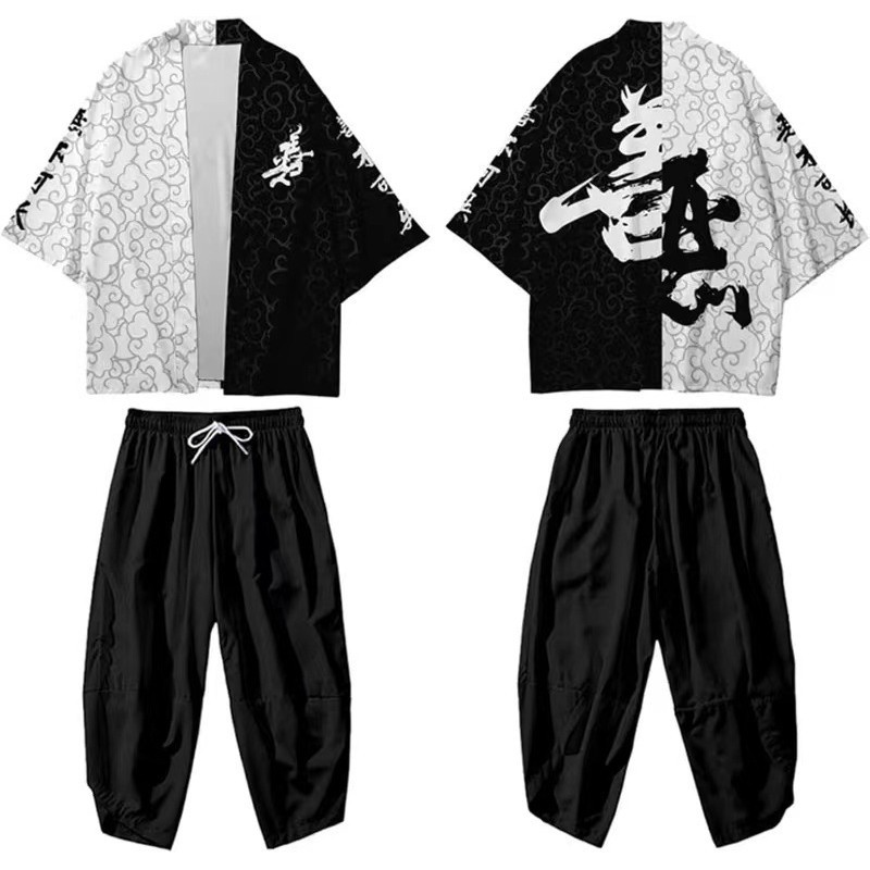 Set Kimono Outer & Celana Hitam Putih Pria – Outfit Jepang Cosplay Modern (Tanpa Kaos Dalam) Baju Ki