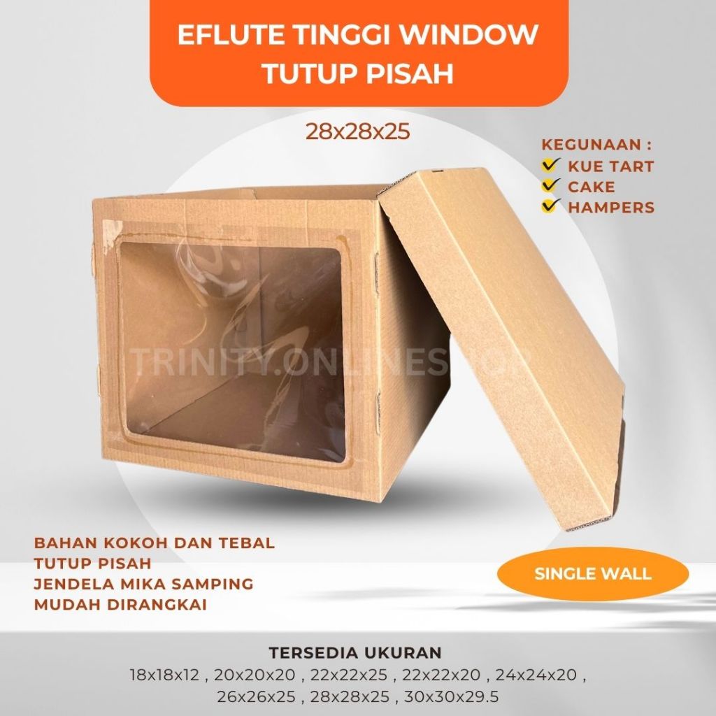 

Eflute Window Tutup Pisah 28x28x25 | Dus Kue Tart | Dus Kue Eflute Tinggi | Kotak Eflute Tinggi