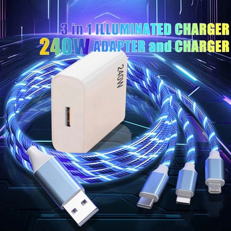 Kabel Charger LED 3IN1 - Kabel Data LED 3IN1 Tipe C Micro Lightning Fast Charging
