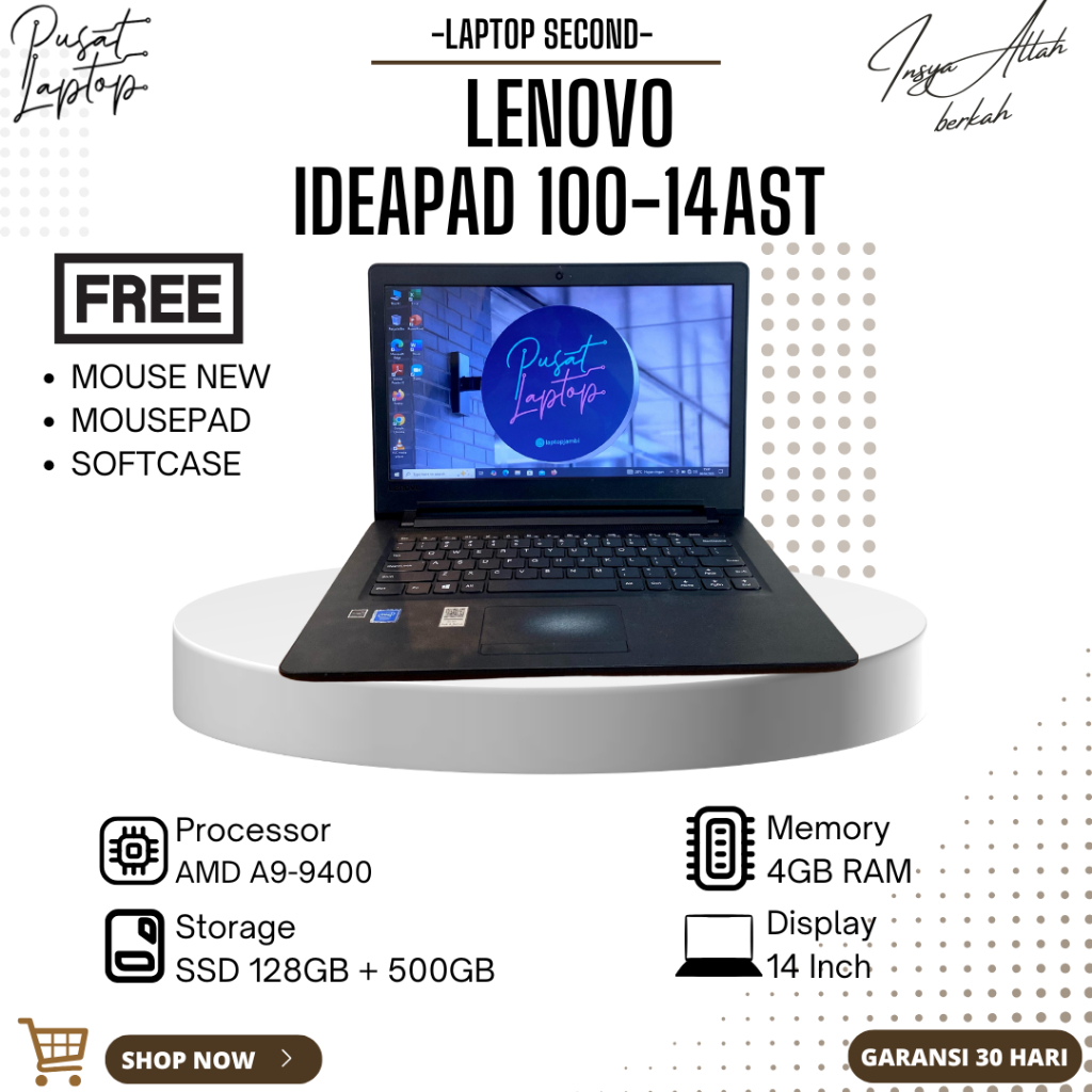 LAPTOP LENOVO 110-14AST SECOND | AMD A9-9400 | RAM 4 GB | SSD 128GB + HDD 500GB | NORMAL | BERGARANS
