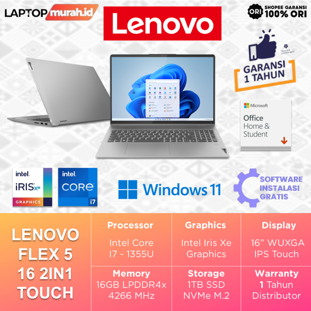 Laptop Lenovo Flex 5 i7-1355U 16GB 1TB 16" WUXGA IPS 2in1 Touch Backlit Windows 11 Home