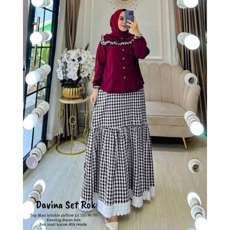 Davina Set Rok 2in1 Motif Kotak Kotak Model terbaru LD 110 bahan katun premium daily set wanita Dewa