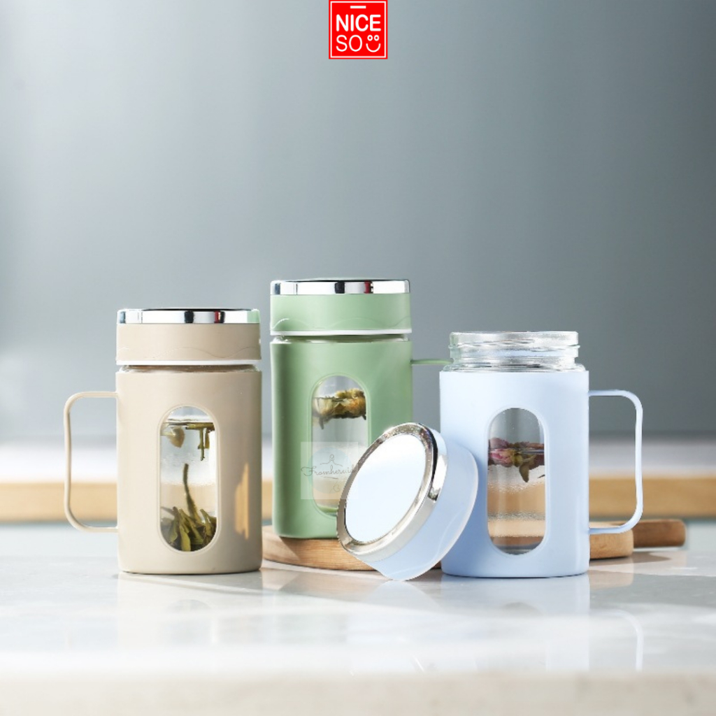 Tumbler Kaca NICESO 500ml - Botol Minum Estetik dengan Gagang, Anti Panas Dingin, Warna Pastel