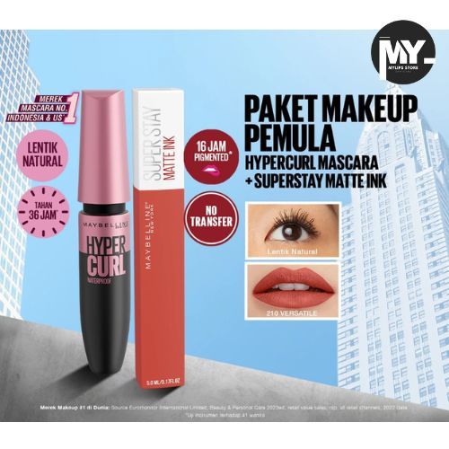 Bundle Hemat Maskara Lipstik / Maybelline Hypercurl 36Hr Waterproof Mascara + Superstay Matte Ink 21