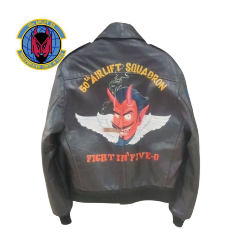 Vtg 80s A2 Flight Jacket 50th AIRLIFT SQUADRON X Jaket Kulit Asli Avirex USA Schott Buzz Ricksons Re
