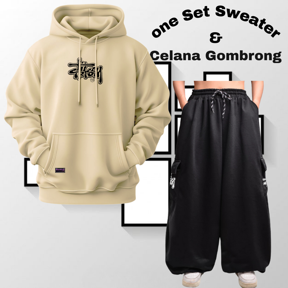 Oneset Hoodie Dan Celana Gombrong Cargo Satu Stel Pria Wanita Distro Stelan Sweater Celana Baggy Ker
