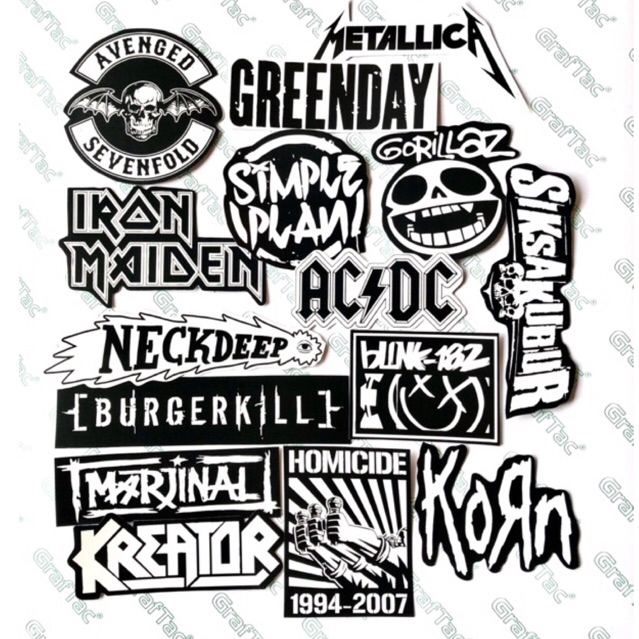 

STICKER BAND MUSIC ROCK METAL ISI 15PCS HITAM PUTIH, sticker anti air, aesthetic, helm, laptop, case hp vol 9