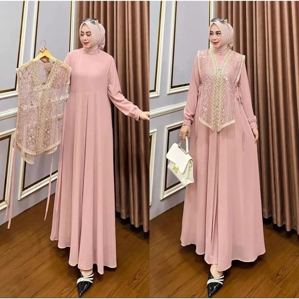 Gamis Brokat Mewah Terbaru Lora Maxy Dress BP Size M L XL XXL XXXL LD 100-130 CM Bahan Ceruty Babydo