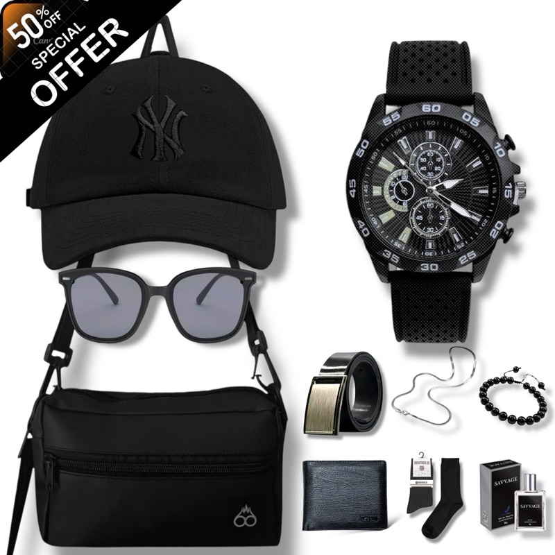 RS - (PAKET 10IN1 KEREN) Beli Tas Selempang Pria/Waisbag Gratis Jam Tangan Tali karet Mewah,Topi Bas