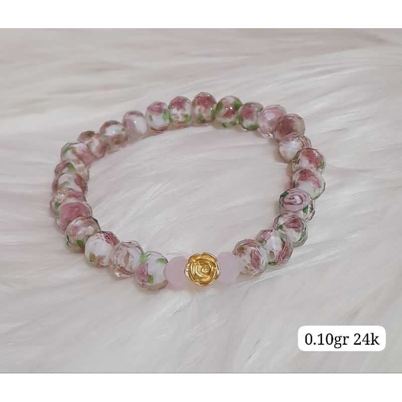 Gelang Emas Asli Mawar 24K Hongkong 999% Karet Batu Bunga