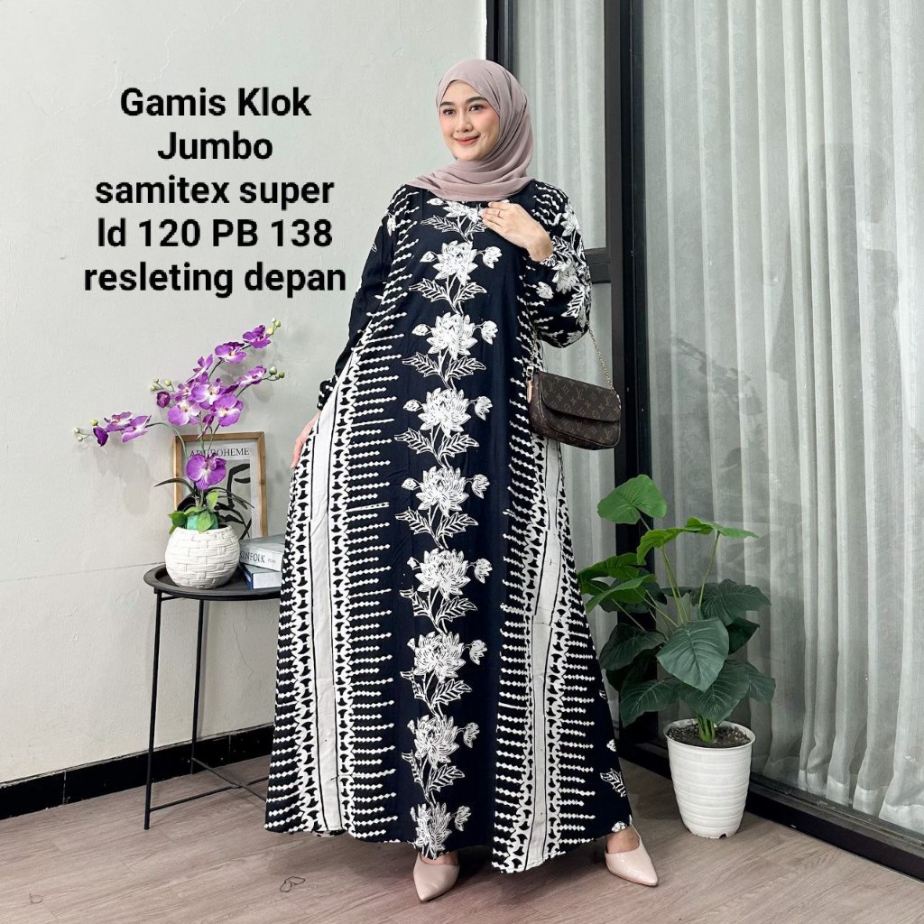 Gamis Klok Jumbo Hitam Putih Bunga Garis Batik Cap