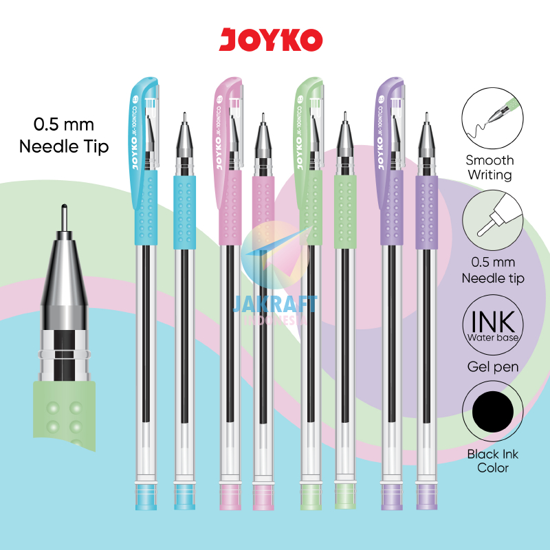 

(12 Pcs) GROSIR Pulpen Gel Pen JOYKO King Jeller JK-100NTCO Warna Warni Pastel Tinta Hitam Black 0.5 mm Semi Needle Tip Anti Air Seperti Easy Gel | PACK