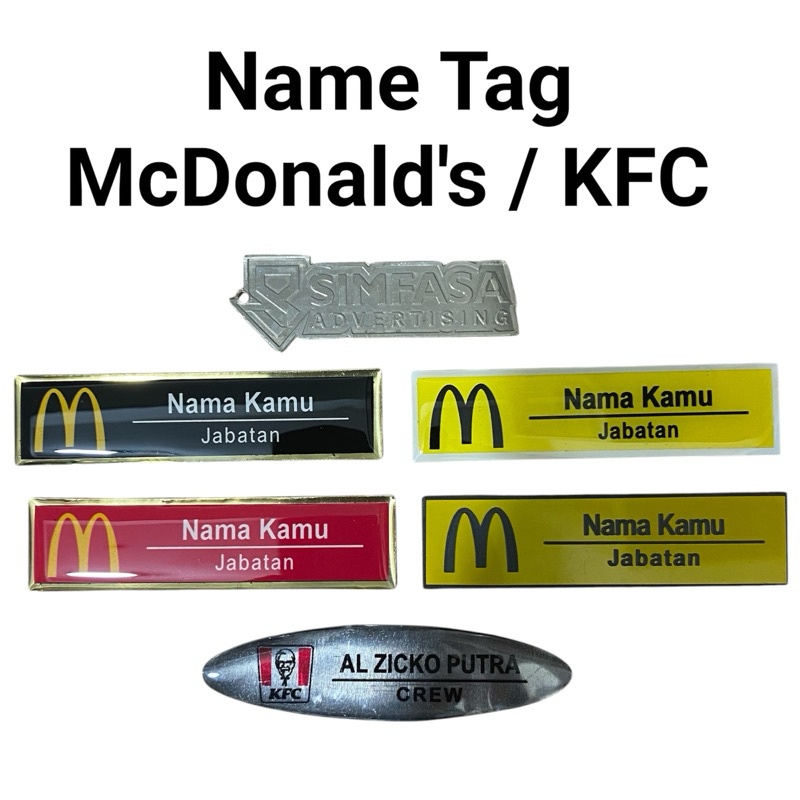 

Name Tag Mcd | | Name Tag KFC | Name Tag Ramayana | Papan Nama Dada Restaurant | Name Tag Custom | Laser | Printing