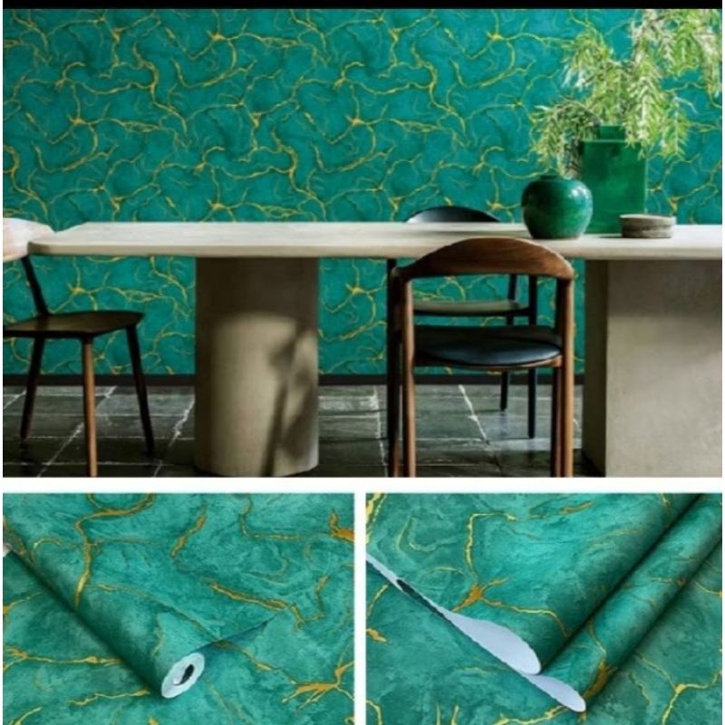 WALLPAPER DINDING MOTIF MARMER HIJAU LIST GOLD