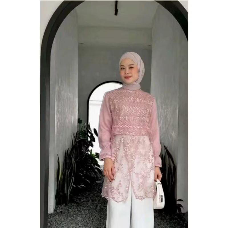 Outer Brukat Silang Full Payet Jumbo Panjang Kondangan Tunik Lebaran Baju Hari Raya Organza Formal w