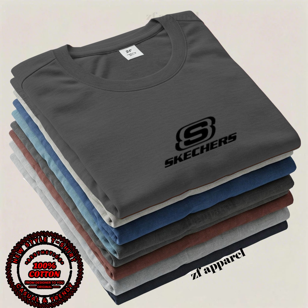 Zf Apparel Kaos Shirt Kerah Motif Skechers Hitam Lengan Pendek Cattun Tebal Lembut Halus Nyaman Di P