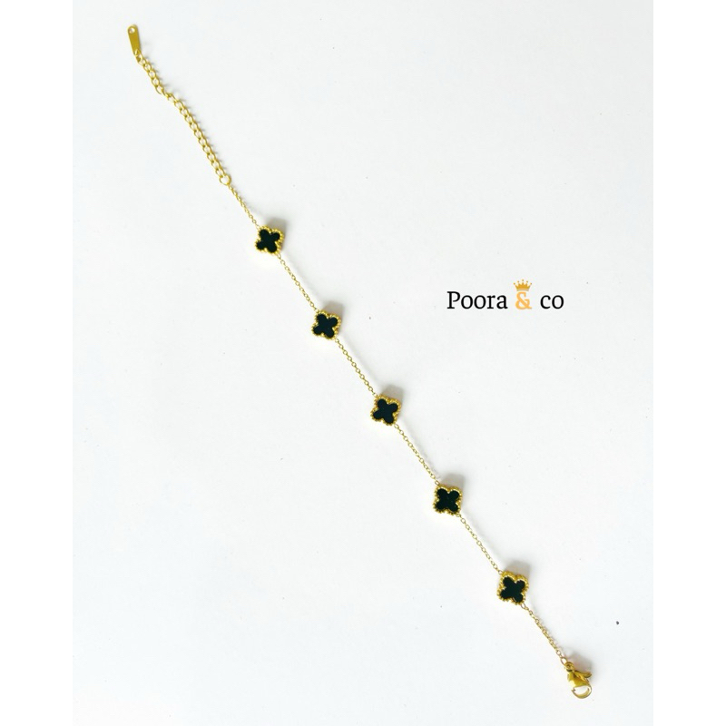 GELANG CLOVER HITAM 5 TITANIUM ASLI | Gelang wanita | gelang titanium asli