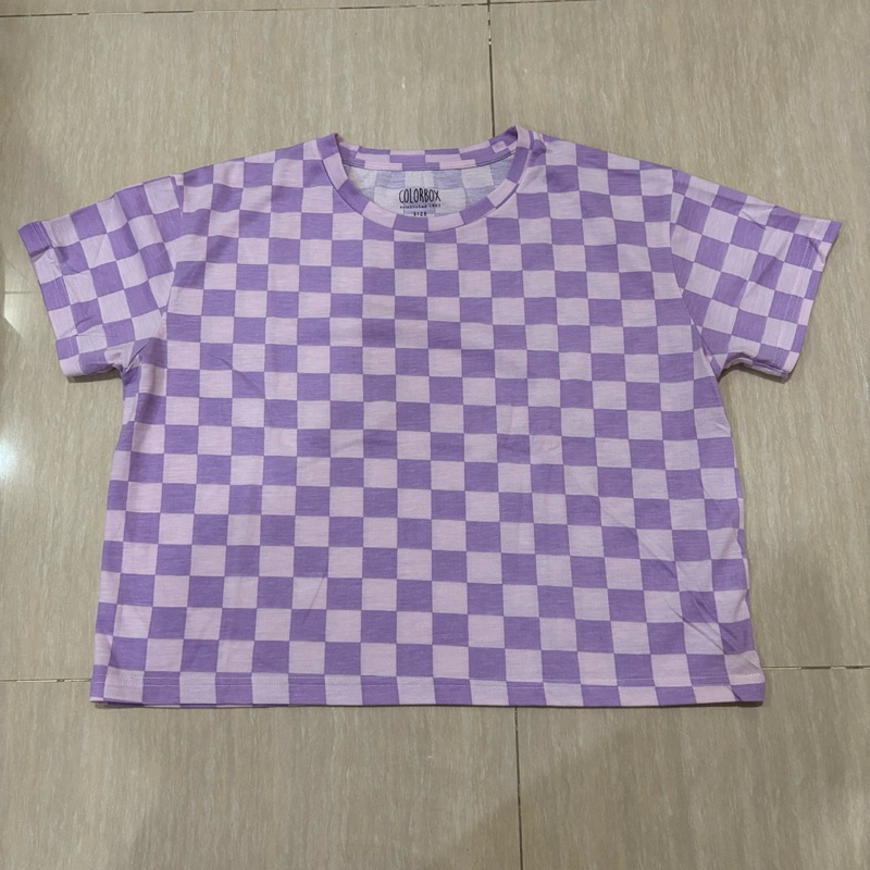 Colorbox Women Checkered Shirt Crop Top Purple Lilac Pink - Baju Atasan Kaos Wanita Kotak Ungu Muda
