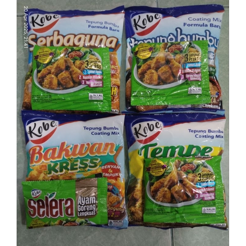 

KOBE tepung bumbu serbaguna 200g/putih 180g/bakwan 200g /tempe 200g/ + Bumbu Ayam Goreng Lengkuas Kobe Selera 80g