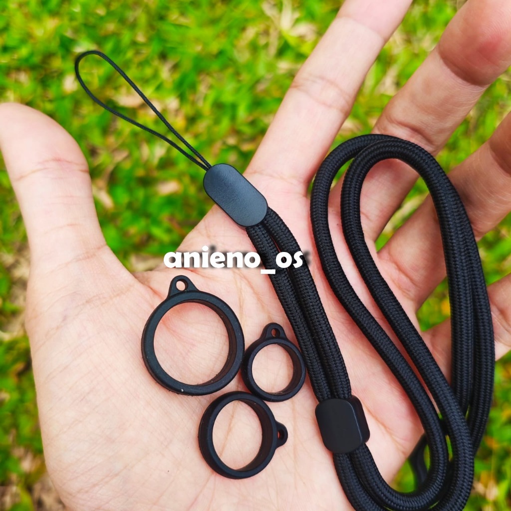 Kalung Lanyard Braided Simple Black Free 3 Ring Karet Kecil Sedang Besar - Tali Kalung