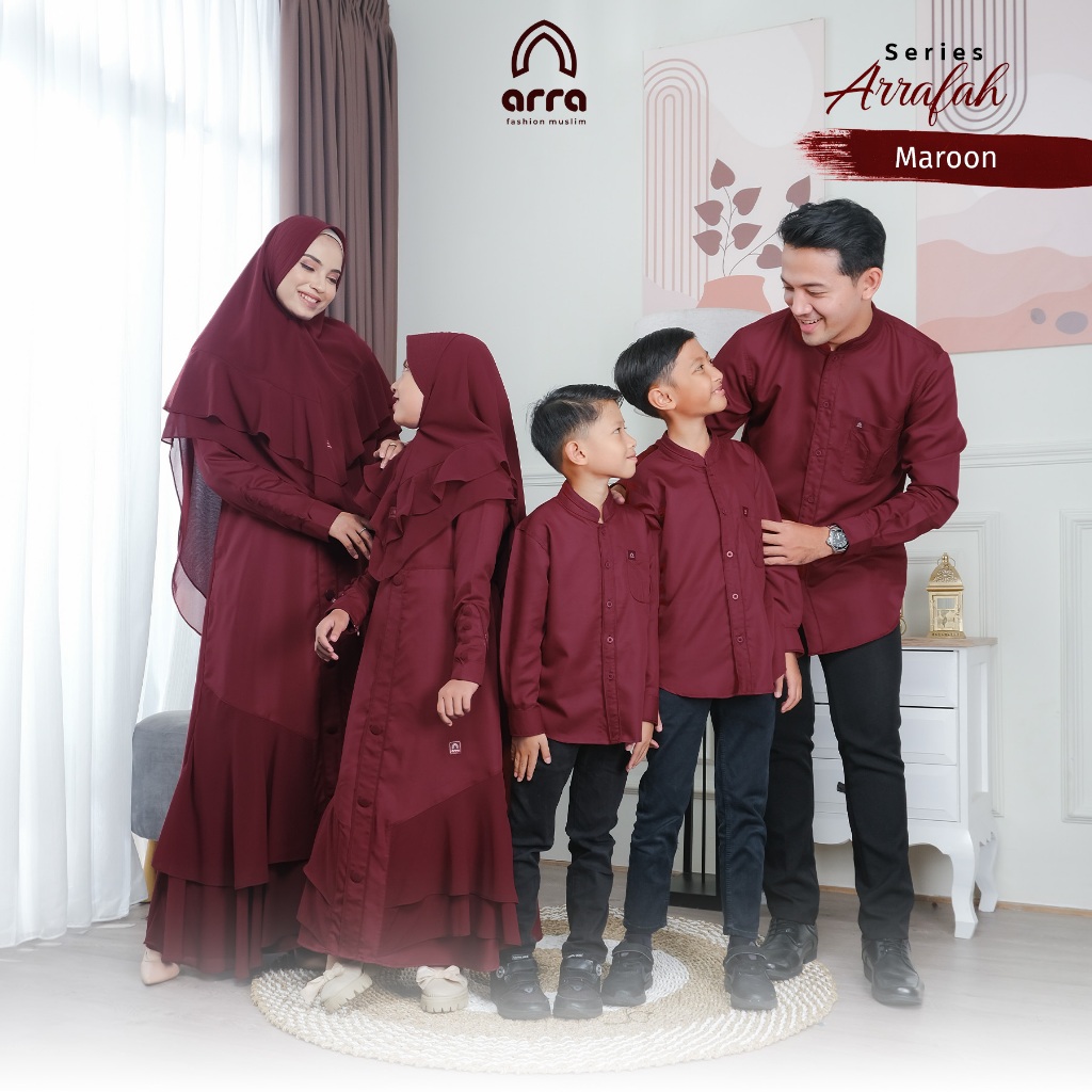 ARRA- Sarimbit Keluarga Series Arafah (Gamis,Koko,Khimar) Warna Maroon Bahan Toyobo fodu