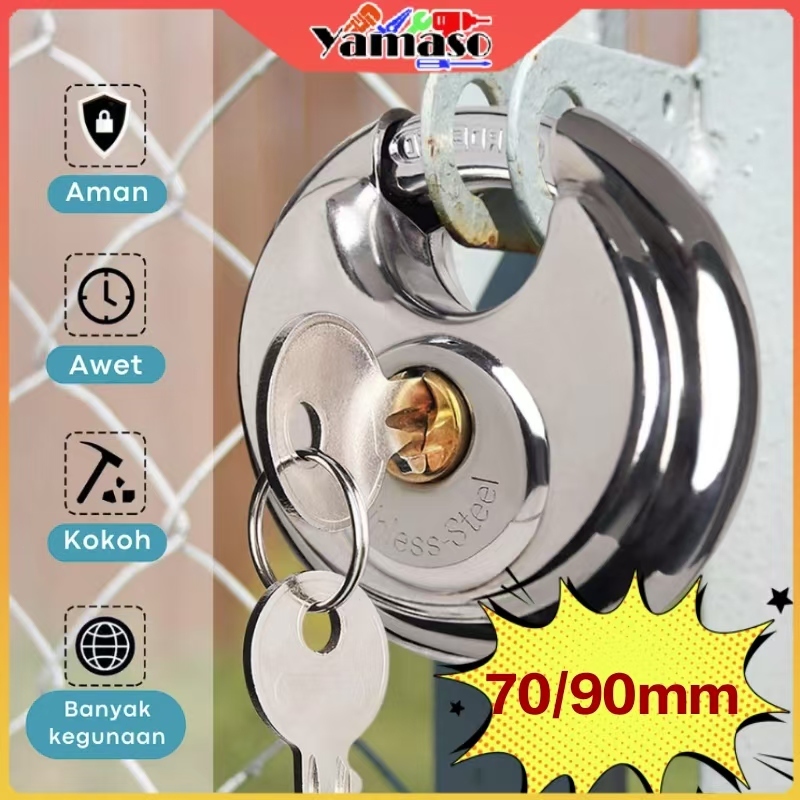 70/90mm Gembok Baja Tahan Karat Kunci Cakram dengan 2 Kunci Melindungi Pintu Rumah, Sepeda, Barang L