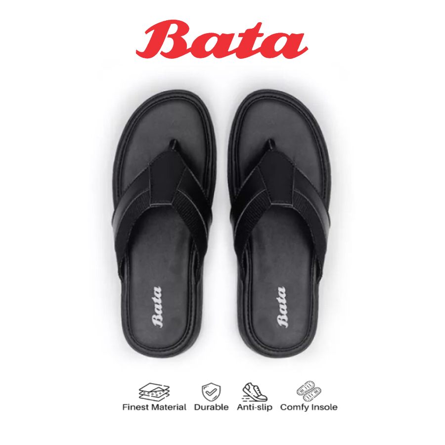 Sandal Bata Pria Original Model Japit Warna Hitam Bahan Kulit 100% Tebal & Kuat
