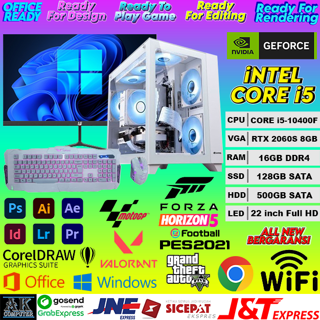 PC GAMING Full Set iNTEL CORE i5 10400F Gen 10Th + VGA RTX 2060 SUPER 8GB + RAM 16GB + SSD 128GB + H