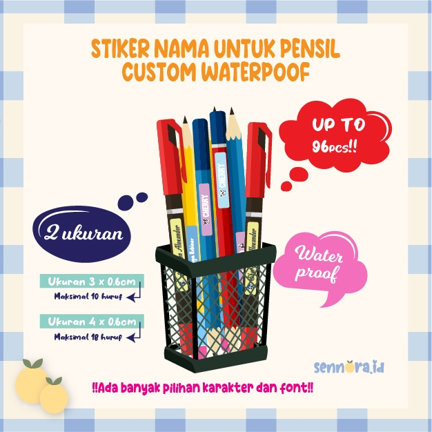 

SENNORA.ID Stiker Label Nama anak waterproof murah custom | Stiker nama pensil