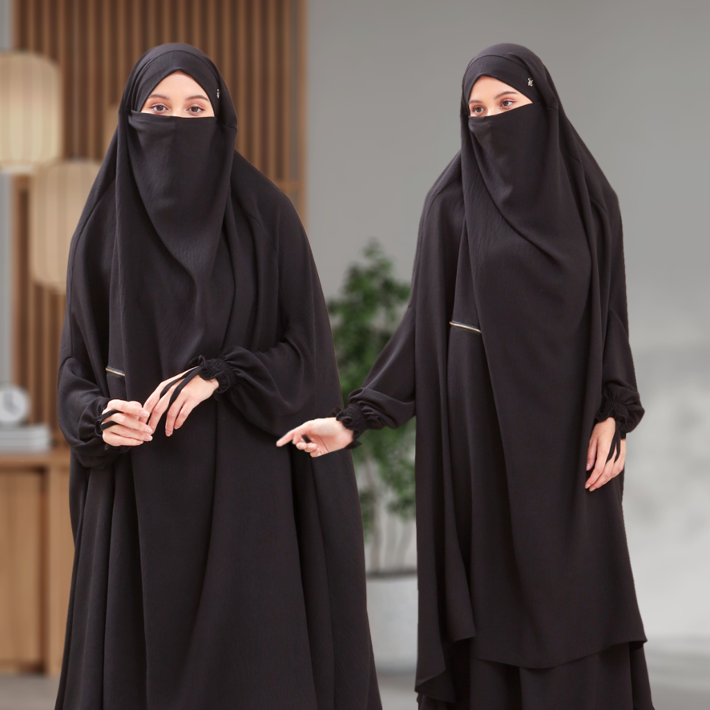 One Set Umroh Haji MECCA French Khimar Berlengan Syar'i + Rok Warna Hitam Putih