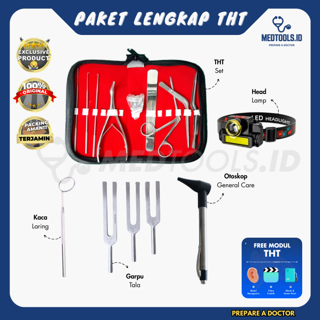 Paket Lengkap THT /Telinga Hidung Tenggorokan [THT Set + Headlamp + Otoskop + Garpu Tala] - Medtools