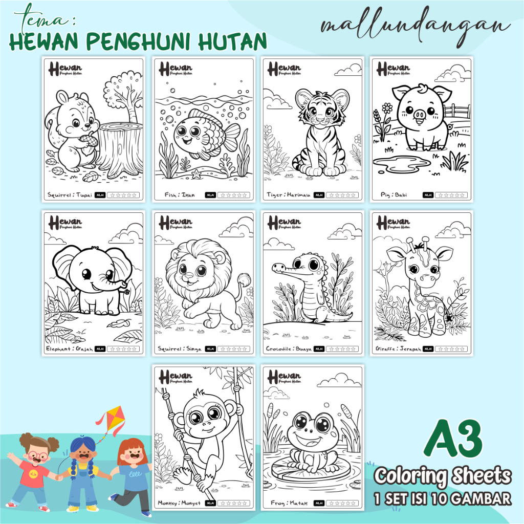 

LEMBARAN MEWARNAI ANAK A3 - TEMA HEWAN PENGHUNI HUTAN - PAPER COLORING SHEETS FOR KIDS