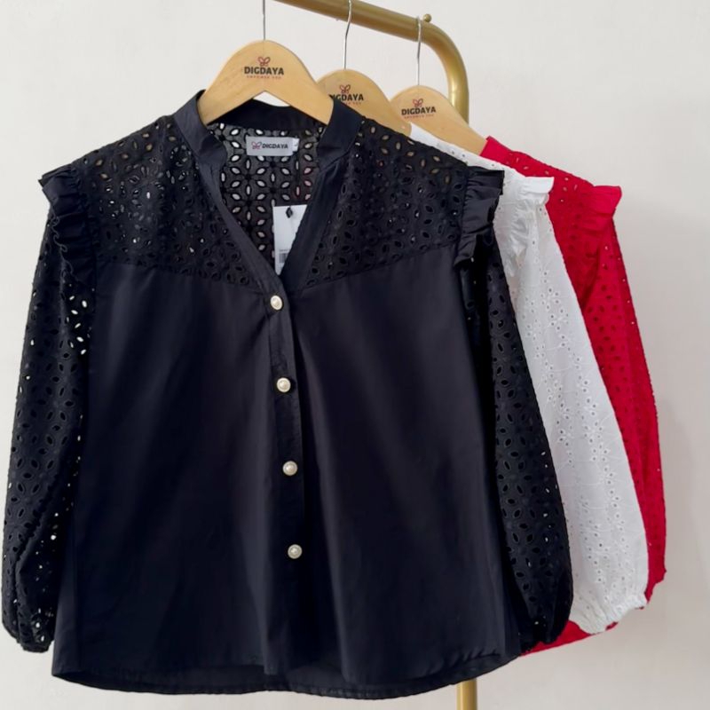 [Digdaya] Clarissa Top Blouse Katbol | Blus V Neck Mix Katun Bordir Bolong Wanita Premium | Kemeja K