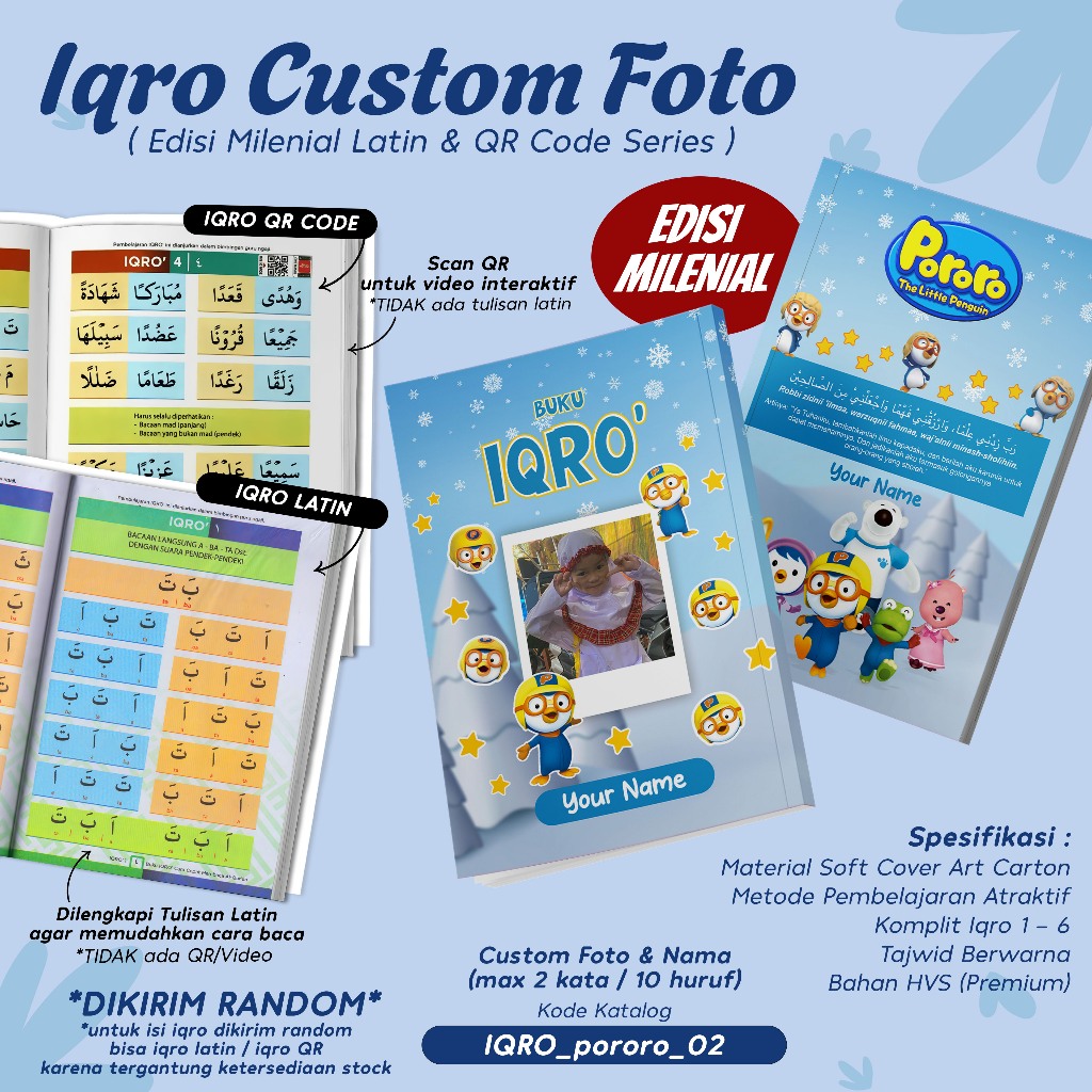 IQRO MILENIAL ANAK CUSTOM DESAIN PENGUIN PORORO / BUKU IQRO MILENIAL TAJWID BERWARNA SOFTCOVER LENGK