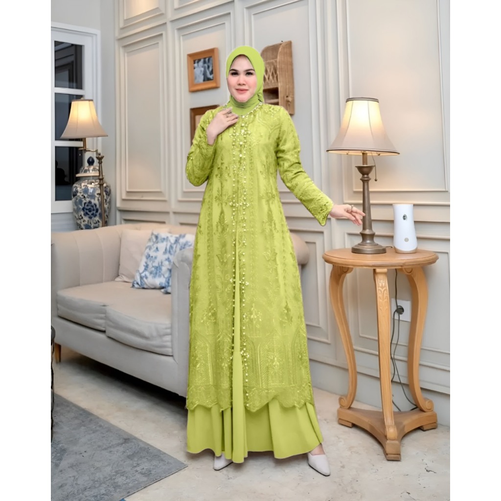 Safira Dress Mewah Outer Brokat Modern Gamis Pesta Kondangan Wanita Terbaru 2025 Gamis Muslim Wanita