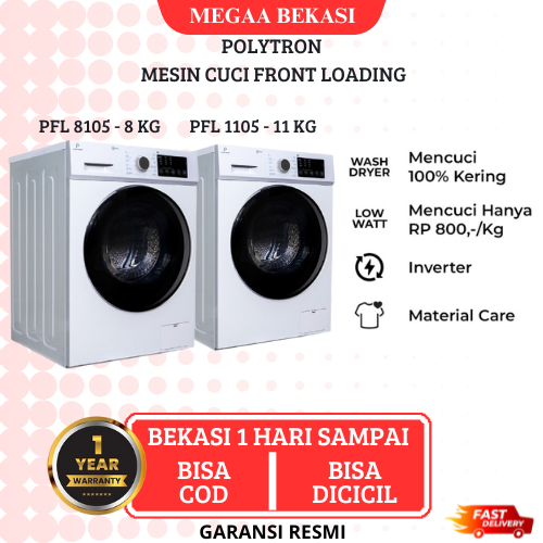 POLYTRON MESIN CUCI MUATAN DEPAN INVERTER FRONT LOADING PFL 8105 / PFL 1105 GARANSI RESMI