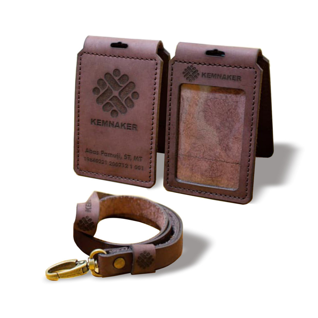 

id card kuilit sapi asli custom gantungan lanyard nametag holder magnet lipat saku depan logo satuan