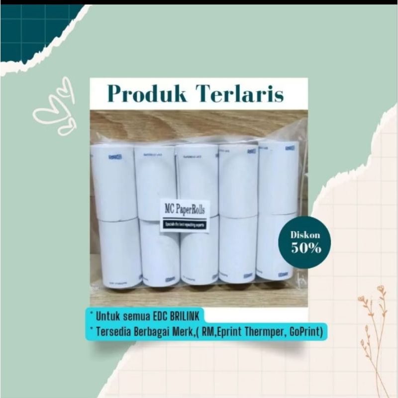

KERTAS THERMAL / STRUK 1 Dus Isi 100 Roll Merk PMM/Goprint/Eprint LOGO BANK BRI 100% ORIGINAL & BARU